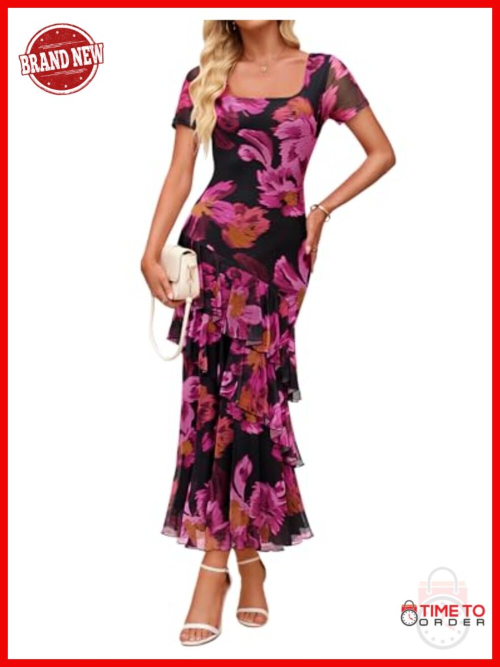 Floral Short Sleeve Bodycon Maxi Dress Square Neck Mesh